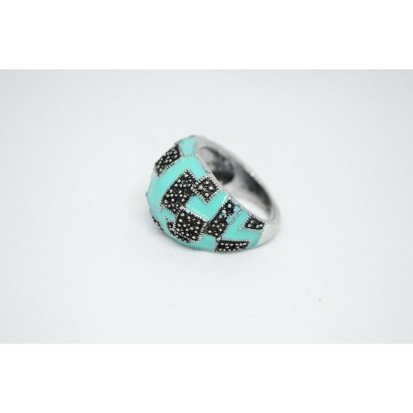 Blue Enamel Black Silver Puzzle Modernist Dome - Picture 3 of 4